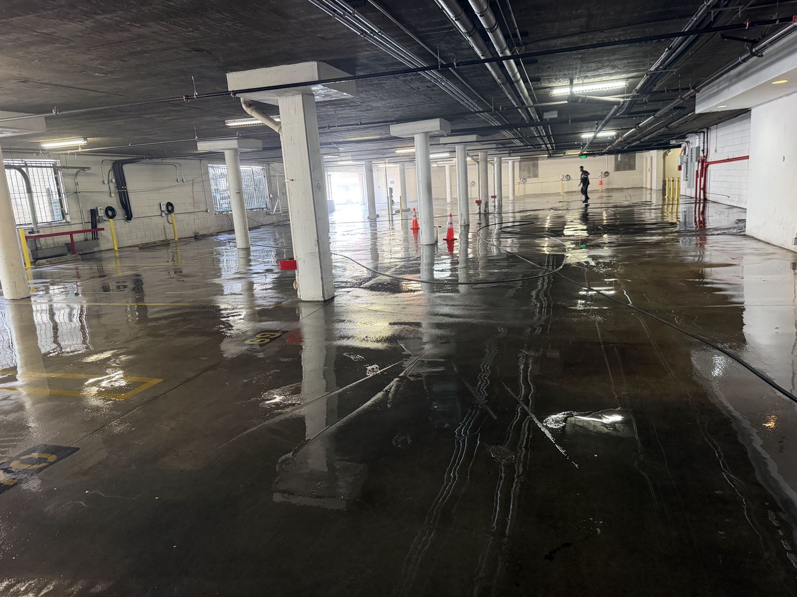 Parking structure cleaning in progress