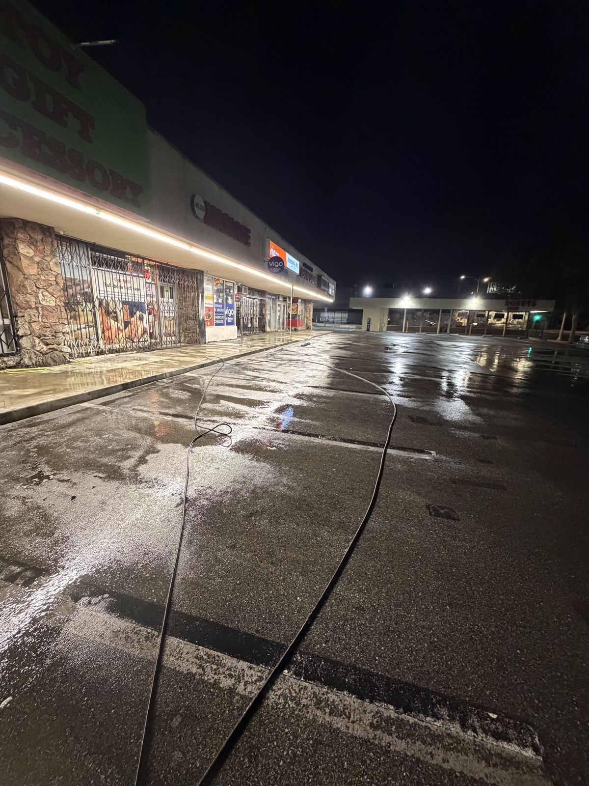 Strip center restaurant frontage after overnight cleaning