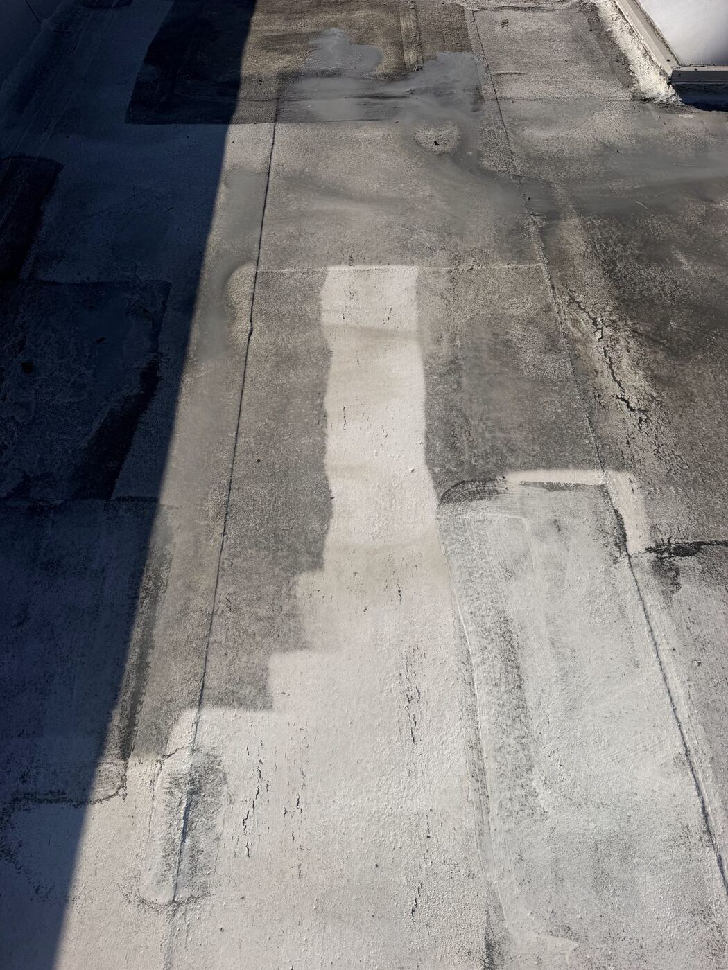 Half-cleaned TPO roof showing the clean white membrane next to dirty gray membrane
